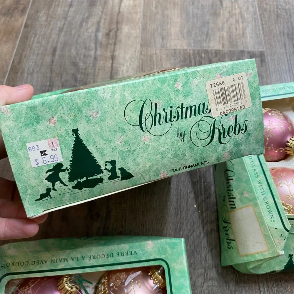Vintage Christmas by Krebs Pink Gold Glass Ornaments Hand Decorated 12ct 72580